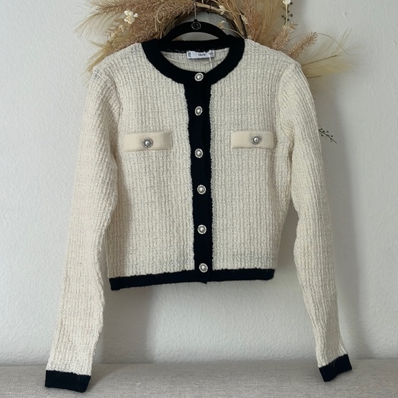 Mango Black and Cream Cardigan Sweater NWT Pearl Rhinestone Buttons - Picture 9 of 13